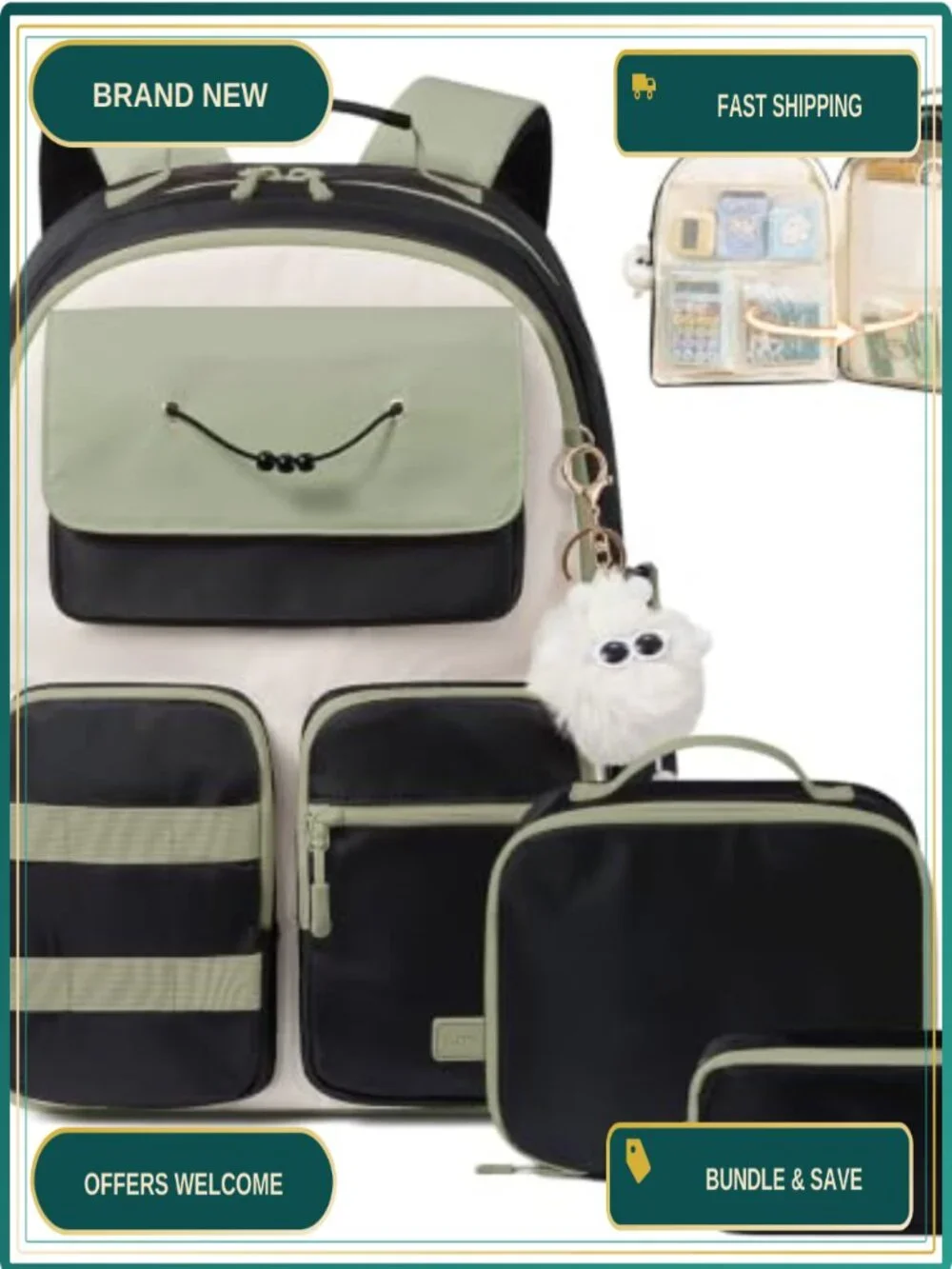3PC School Backpack Set for Girls with Lunch Box and Pencil Case, Cute Bookbag